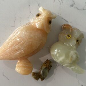 SET OF 3 AGATE STONE MARBLE OWL BIRD FIGURES FIGURINES SCULPTURE VINTAGE BRAZIL